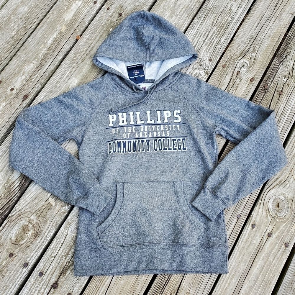 Champion Hoodie Adult Small Gray With College Logo. Phillips Community College